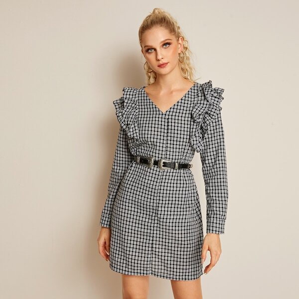 

Plaid Print Ruffle Trim Dress Without Belt, Black and white