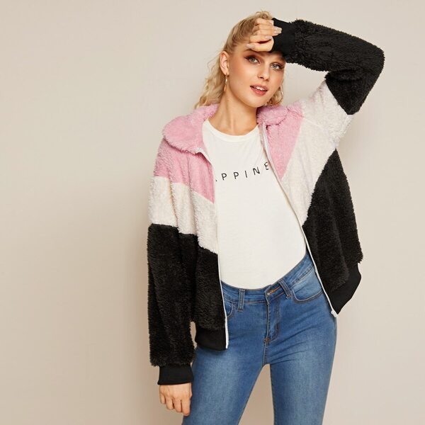 

Cut And Sew Zip Up Teddy Jacket, Multicolor
