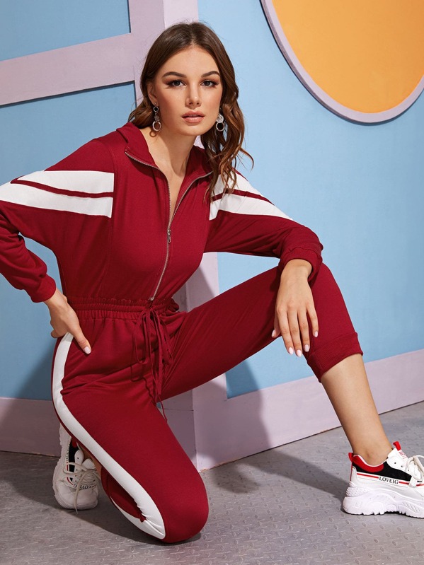 

Contrast Panel Zip Up Drawstring Waist Jumpsuit, Red, Vlada