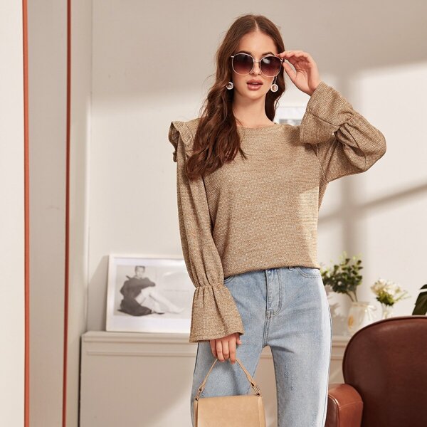 

Flounce Sleeve Ruffle Trim Sweater, Camel