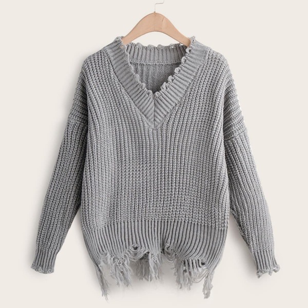 

Solid V-Neck Raw Hem Drop Shoulder Sweater, Grey