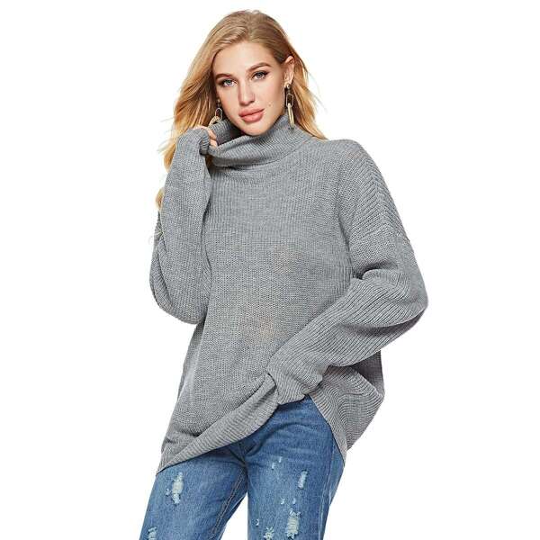 

Solid Turtleneck Ribbed Knit Jumper, Grey