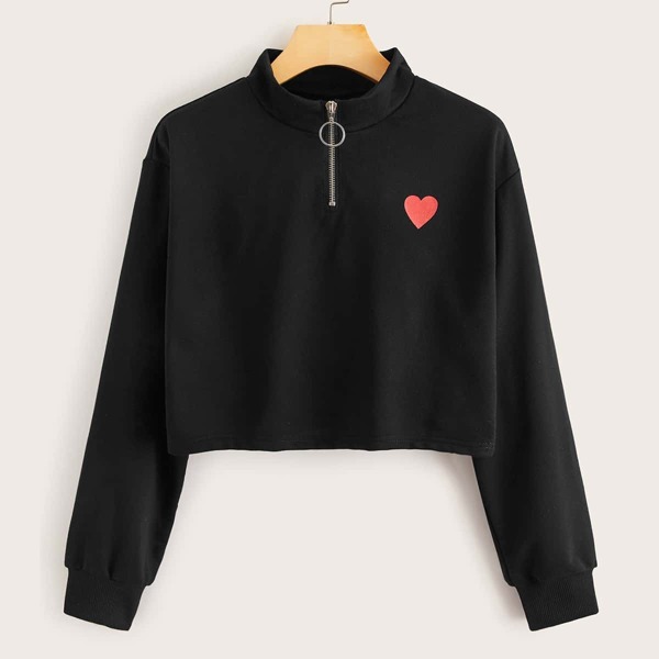 

Heart Print O-Ring Zip Sweatshirt, Black
