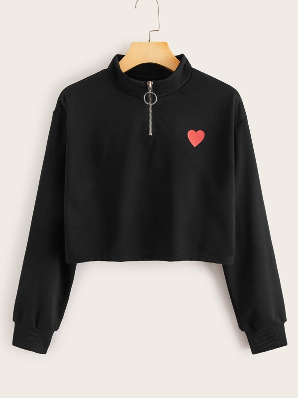 

Heart Print O-Ring Zip Sweatshirt, Black