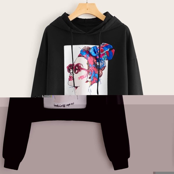 

Figure Graphic Bow Detail Drawstring Hoodie, Black