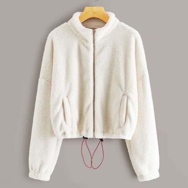 

Drawstring Hem Zip Up Teddy Jacket, White