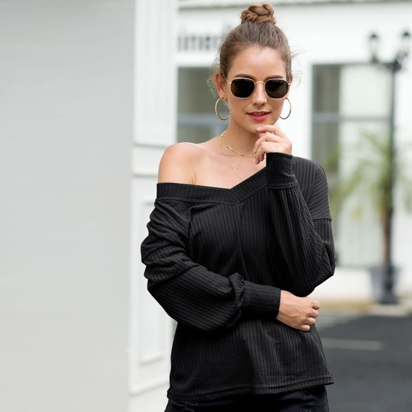 

V-neck Waffle Knit Jumper, Black