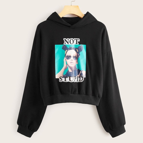

Figure & Letter Print Hoodie, Black