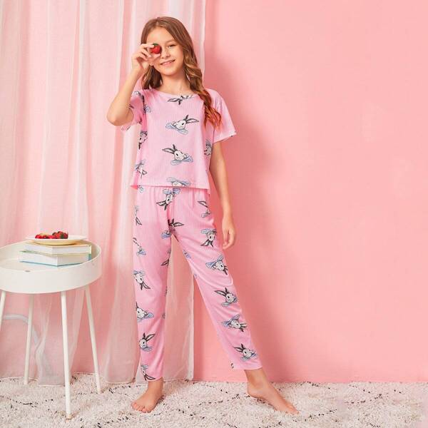 

Girls Rabbit Print Pajama Set With Eye Mask, Pink
