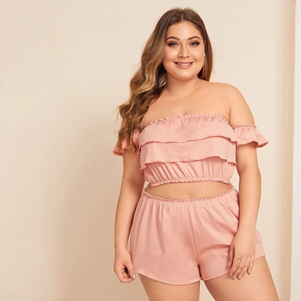 

Plus Ruffle Bardot Top With Shorts, Pink pastel
