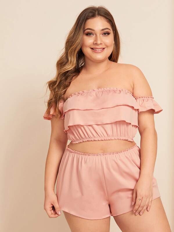 

Plus Ruffle Bardot Top With Shorts, Pink, Carol