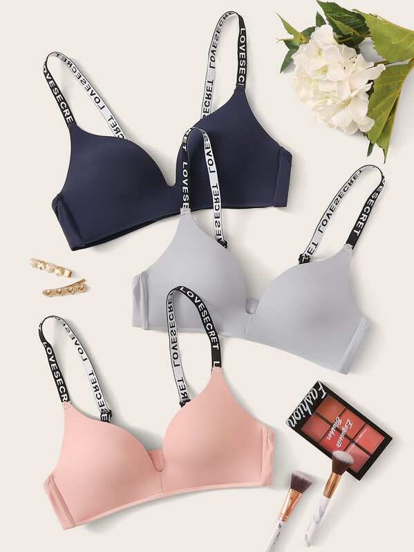 

Letter Print Strap Bra Set 3pack, Multicolor