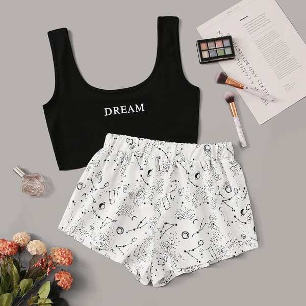 

Letter & Galaxy Print Pajama Set, Black and white