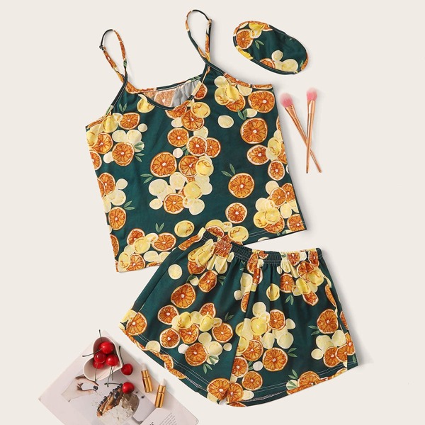 

Lemon Print Cami Pajama Set With Eye Cover, Multicolor