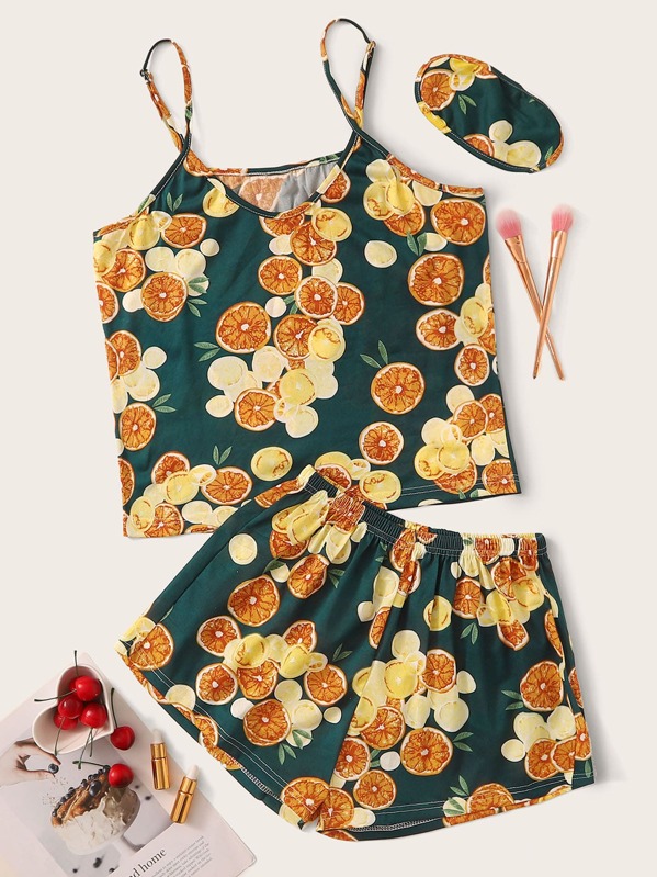

Lemon Print Cami Pajama Set With Eye Mask, Multicolor