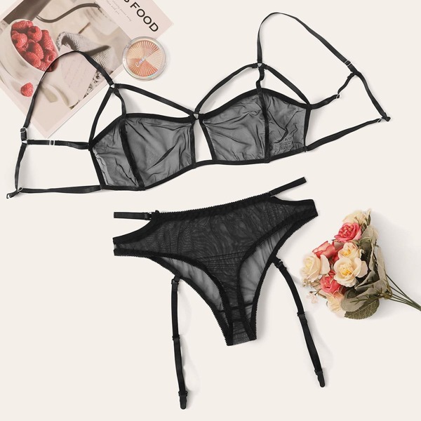 Mesh Panel Sheer Garter Lingerie Set, Black