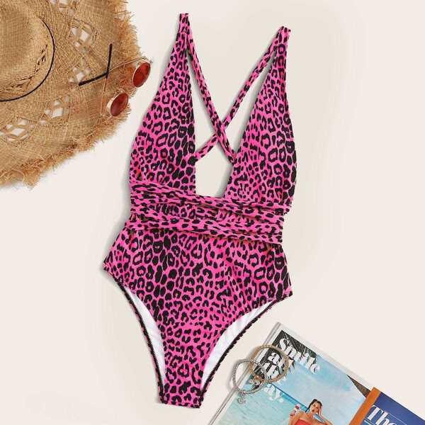 

Leopard Criss Cross One Piece Swimwear, Pink bright