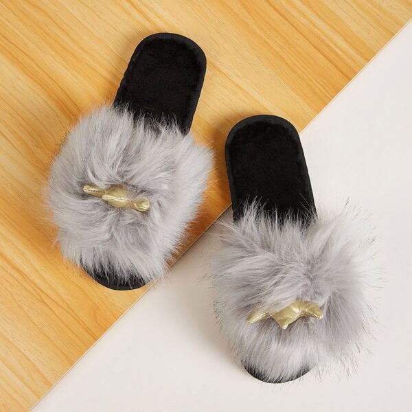 

Faux Fur Decor Open Toe Slippers, Grey