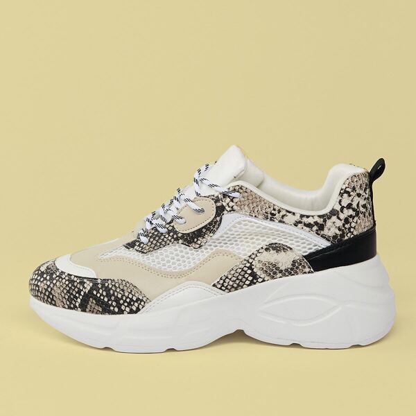 

Mesh And Snake Detail Lace Front Chunky Sneakers
