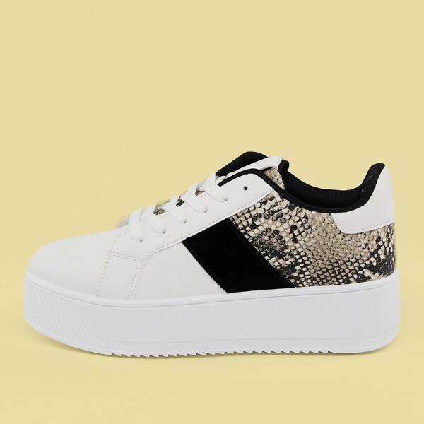 

Lace Up Tricolor Snakeskin Flatform Sneakers
