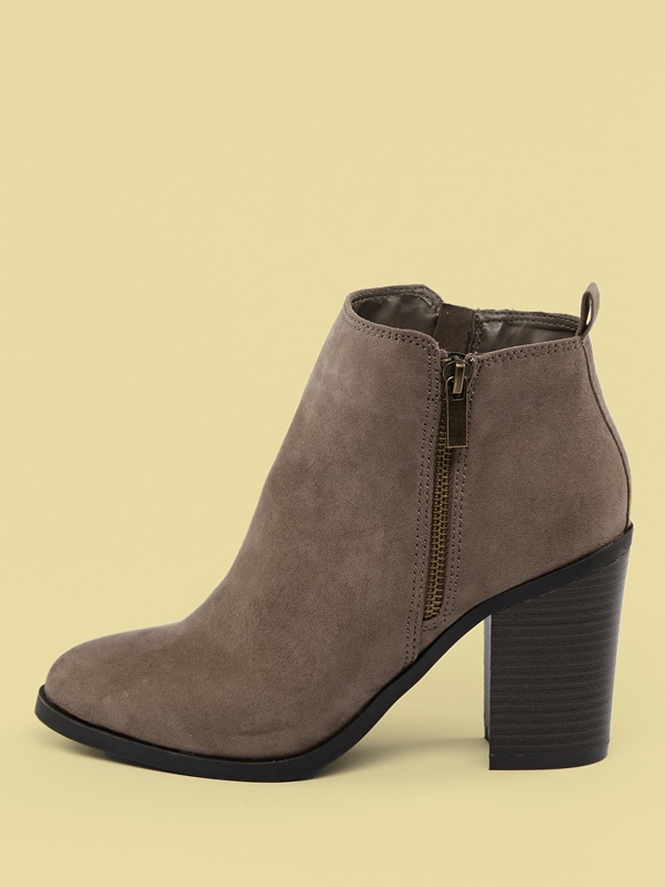 

Almond Toe Side Zipper Chunky Heel Booties, Grey