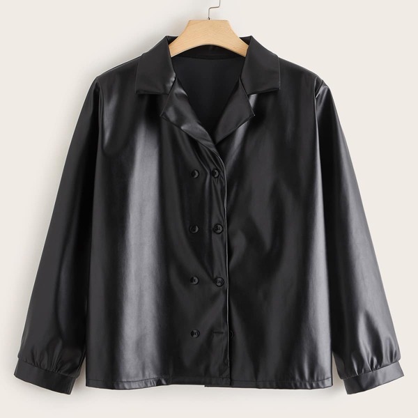 

Plus Double Breasted Lapel Collar PU Jacket, Black