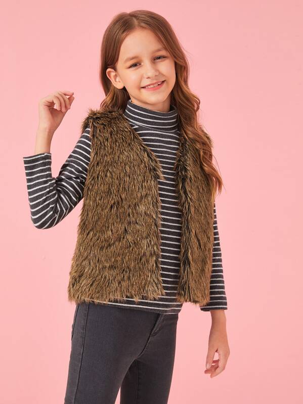 

Girls Open Front Faux Fur Vest, Brown, Sashab