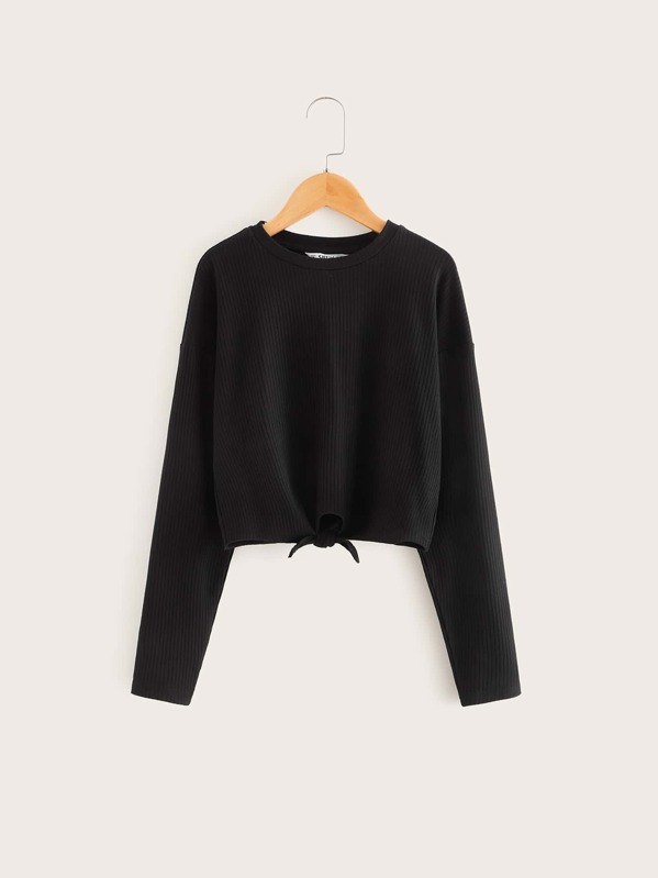 

Girls Tie Hem Rib-knit Tee, Black