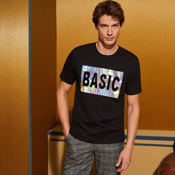 

Men Letter Print Holographic Panel Tee, Black