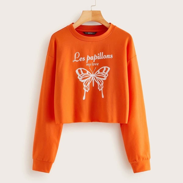 

Neon Orange Butterfly and Slogan Print Pullover, Orange bright