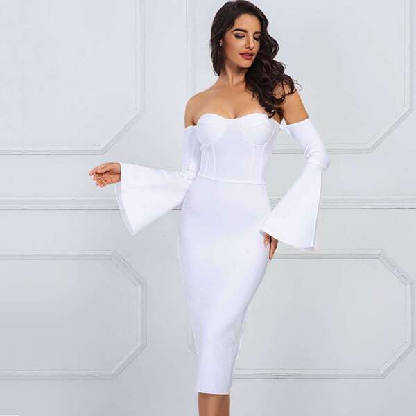 

Adyce Flounce Sleeve Off Shoulder Bandage Dress, White