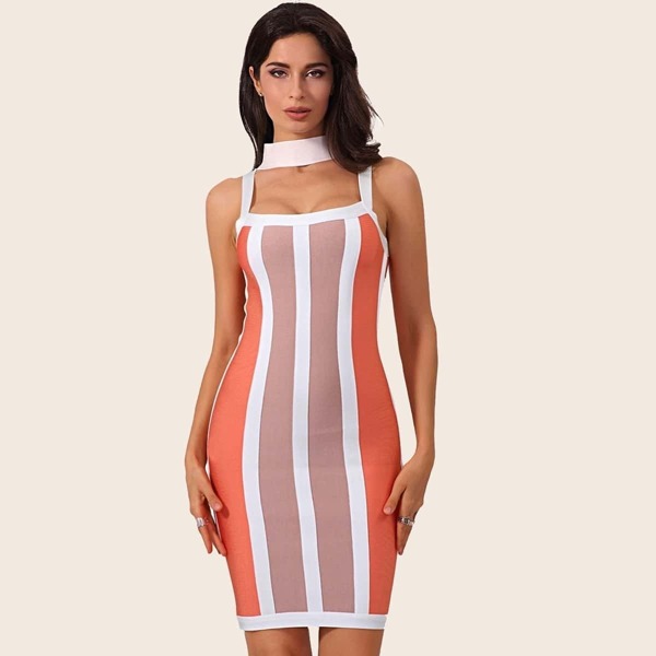 

Striped Color-block Cut-out Bandage Dress, Multicolor
