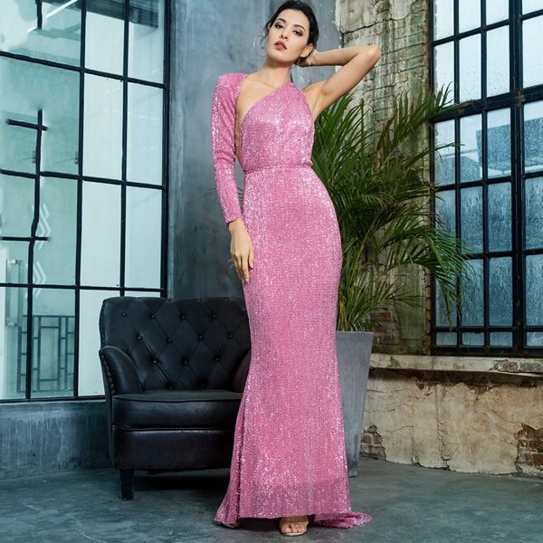 

LOVE&LEMONADE Backless One Shoulder Sequin Prom Dress, Pink bright