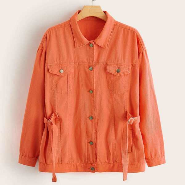 

Plus Neon Orange Tie Waist Trucker Denim Jacket, Orange bright