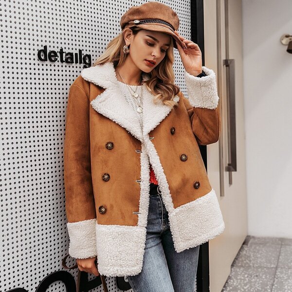 

Simplee Double Button Suede Shearling Coat, Camel
