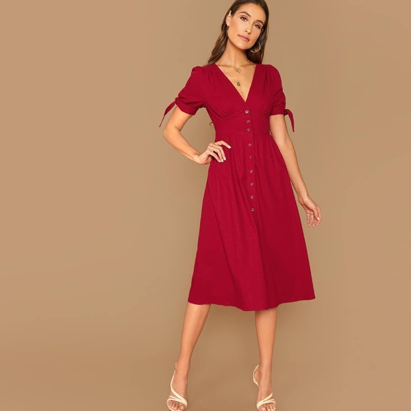 

Knot Cuff Button Up Solid Dress, Burgundy