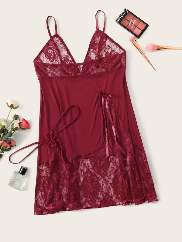 

Plus Contrast Mesh Slips With Thong, Burgundy