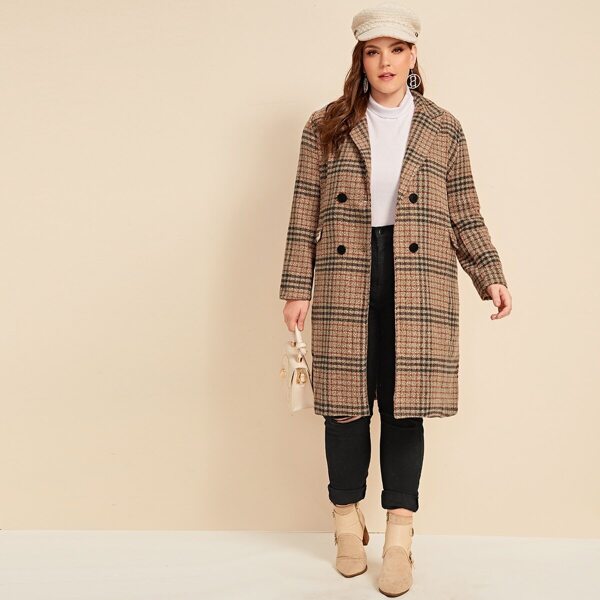 

Plus Plaid Double-breasted Coat, Khaki