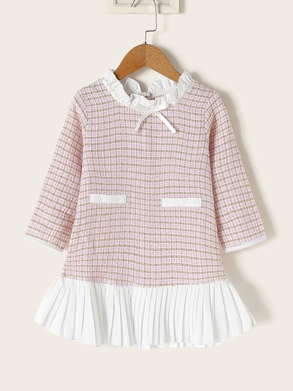 Toddler Girls Frill Neck Contrast Pleated Hem Plaid Dress, Multicolor