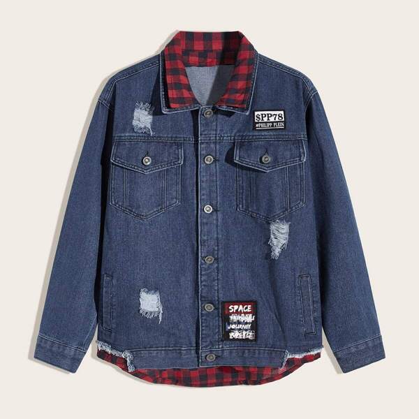

Men Letter Patched Ripped Denim Combo Jacket