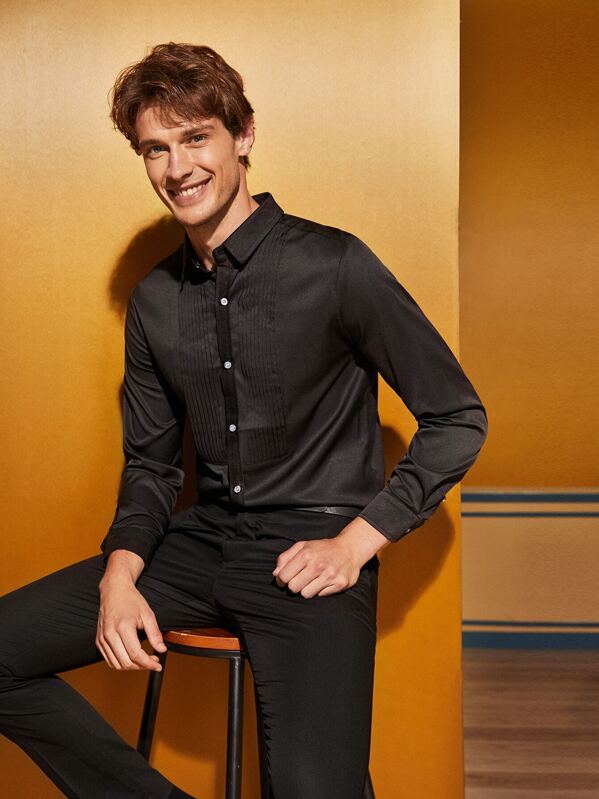 

Men Pleated Detail Solid Shirt, Black, Petar