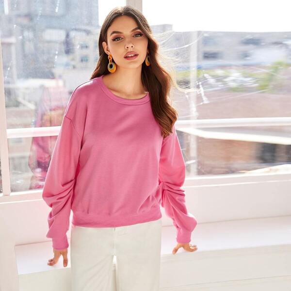 

Solid Ruched Sleeve Round Neck Sweatshirt, Pink bright