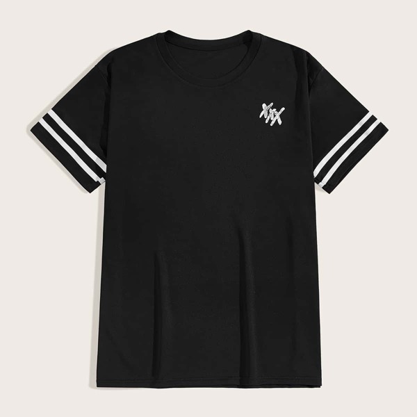 

Men Graphic Print Varsity Striped Tee, Black