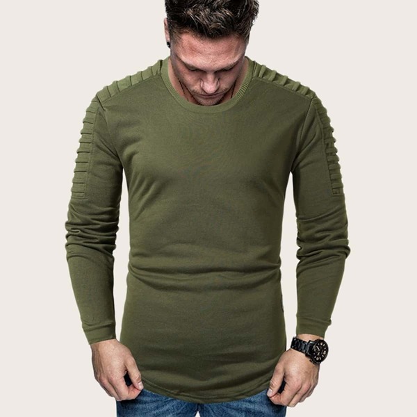 

Men Ruched Sleeve Curved Hem Tee, Army green