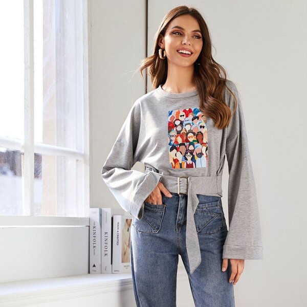 

Figure Graphic Belted Drop Shoulder Sweatshirt, Grey