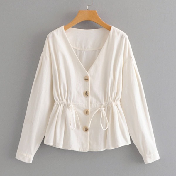 

Drawstring Waist Corduroy Peplum Blouse, Beige