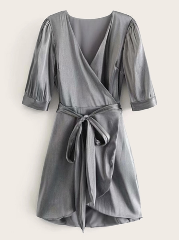 

Self Tie Metallic Wrap Dress, Grey