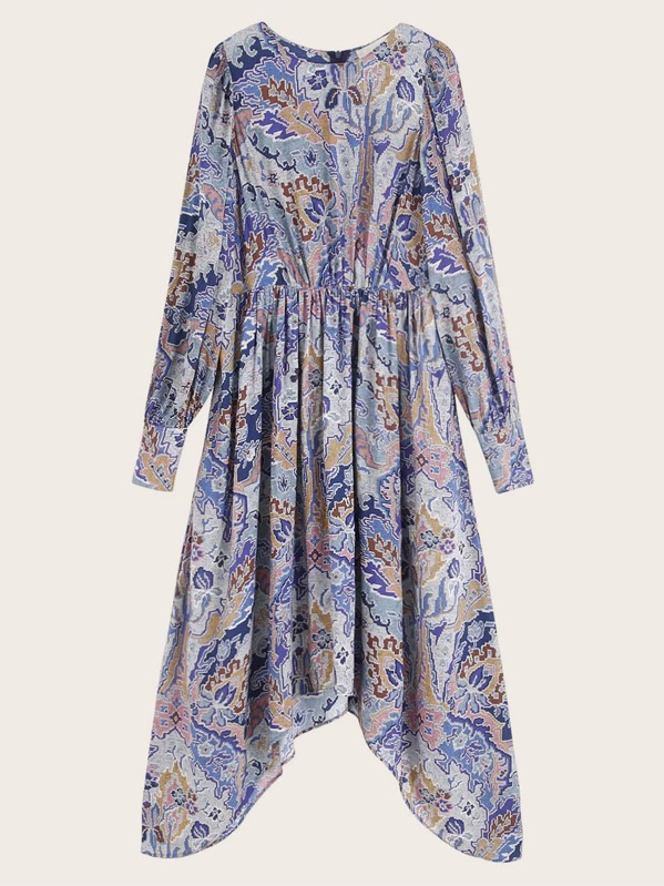 

Asymmetric Hem Random Print Dress, Multicolor