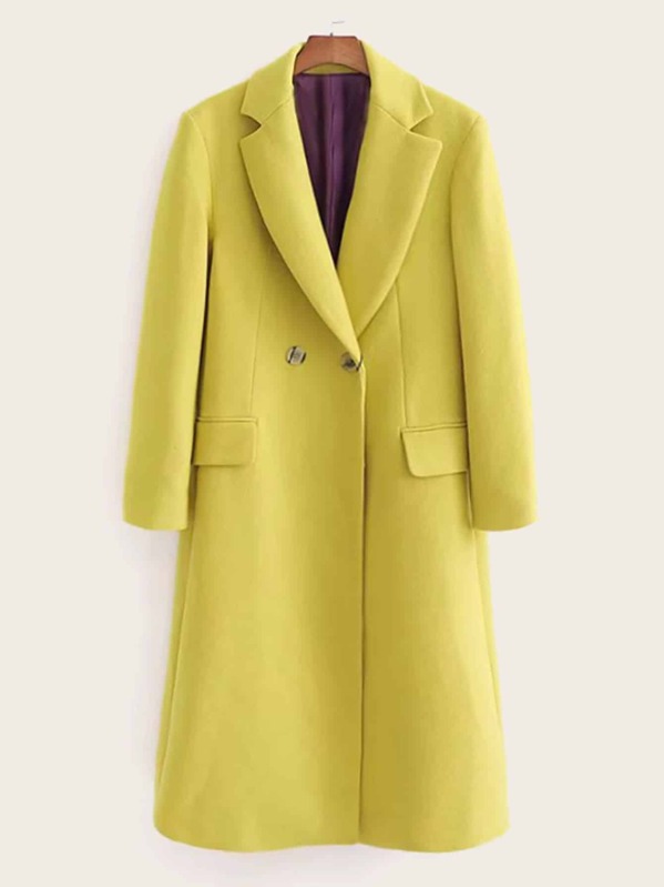 

Lapel Neck Double Breasted Solid Coat, Yellow