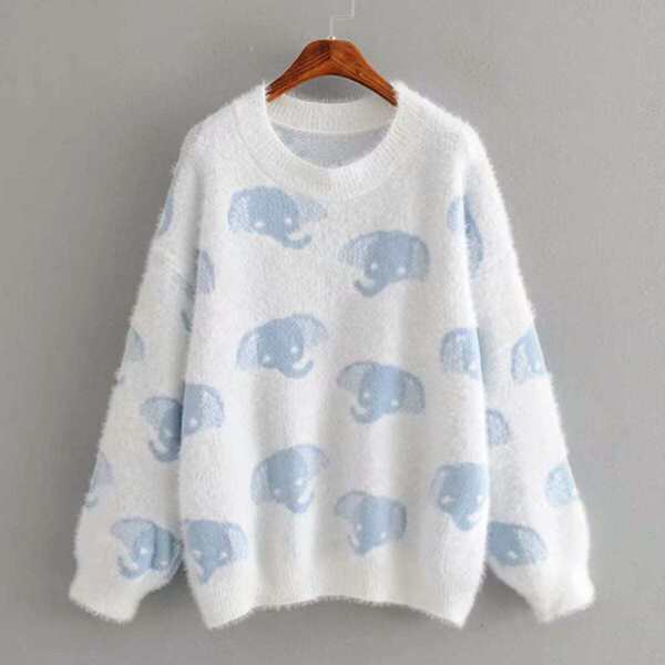 

Elephant Print Fluffy Knit Jumper, Multicolor